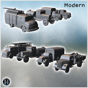 Variety of utility vehicles including fire truck and water tanker in line (4) - Modern WW2 WW1 World War Diaroma Wargaming RPG Mini Hobby
