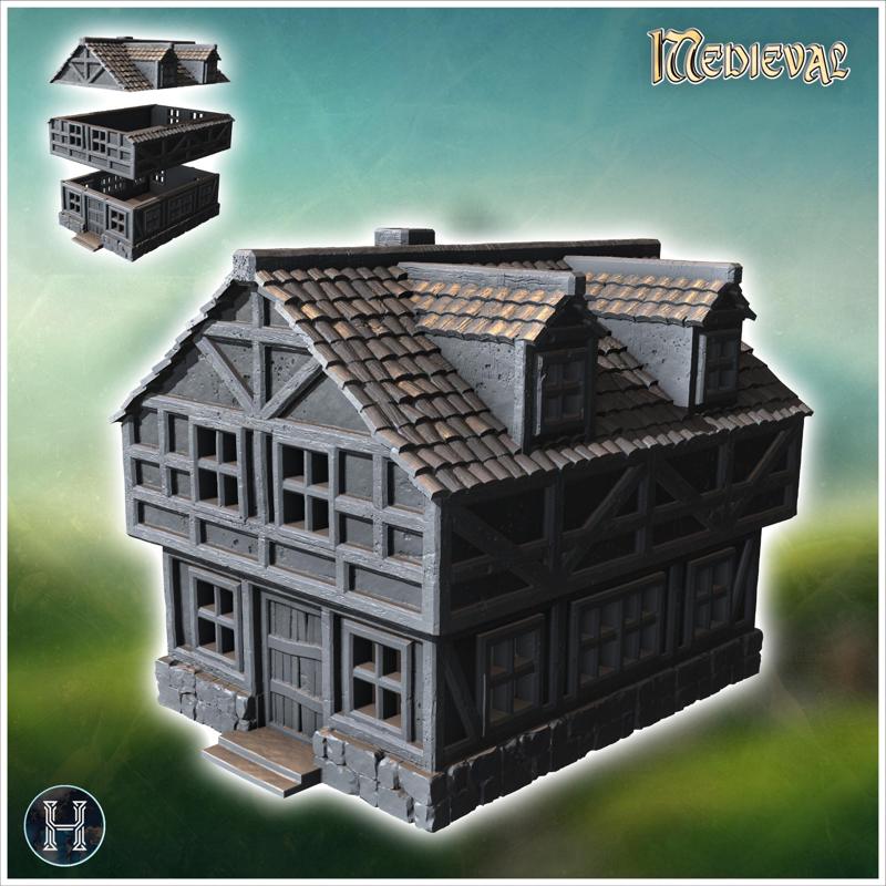 Timber-framed house with tiled roof, multiple windows, and a front door on a stone base (9) - Medieval Gothic Feudal Old Archaic Saga 28mm 15mm RPG
