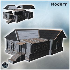 Large wooden building with a stone foundation, steps leading to the entrance (18) - Modern WW2 WW1 World War Diaroma Wargaming RPG Mini Hobby
