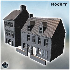 Pair of connected buildings, one with a sloped roof and chimneys, surrounded by a low wall (Carentan, Normandy 1944, France) (27) - Modern WW2 WW1 World War Diaroma Wargaming RPG Mini Hobby