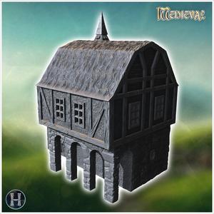 Large wooden structure with a tall tower, barn-like roof, and multiple small doors (34) - Medieval Gothic Feudal Old Archaic Saga 28mm 15mm RPG