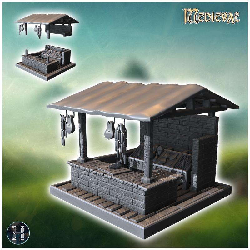 Market stall with a tin roof, hanging meats, and display tables for various goods (13) - Medieval Gothic Feudal Old Archaic Saga 28mm 15mm RPG