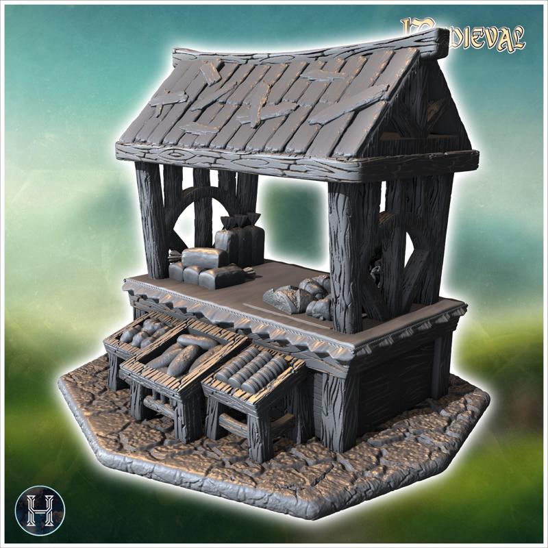 Market stall with wooden beams, shingled roof, and various food items displayed on the counter (41) - Medieval Gothic Feudal Old Archaic Saga 28mm 15mm RPG