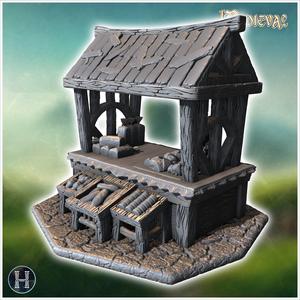 Market stall with wooden beams, shingled roof, and various food items displayed on the counter (41) - Medieval Gothic Feudal Old Archaic Saga 28mm 15mm RPG