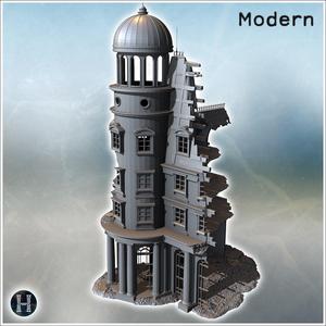 Large dome building with broken sections, detailed columns, and rubble scattered across the base (8) - Modern WW2 WW1 World War Diaroma Wargaming RPG Mini Hobby