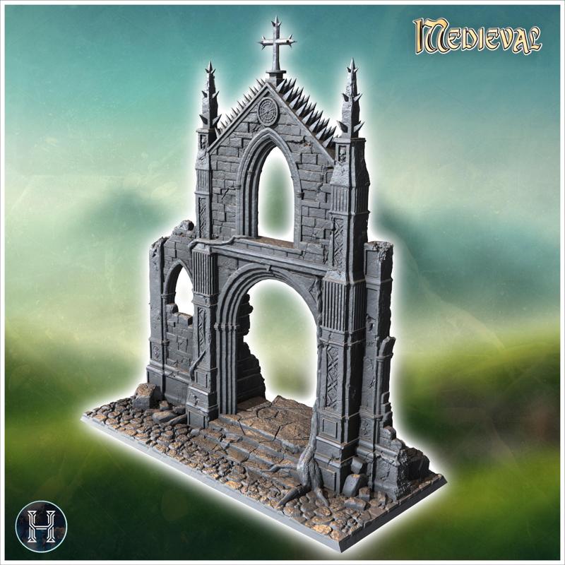 Ancient gothic arch with detailed carvings and two spiky architectural elements (15) - Medieval Gothic Feudal Old Archaic Saga 28mm 15mm RPG