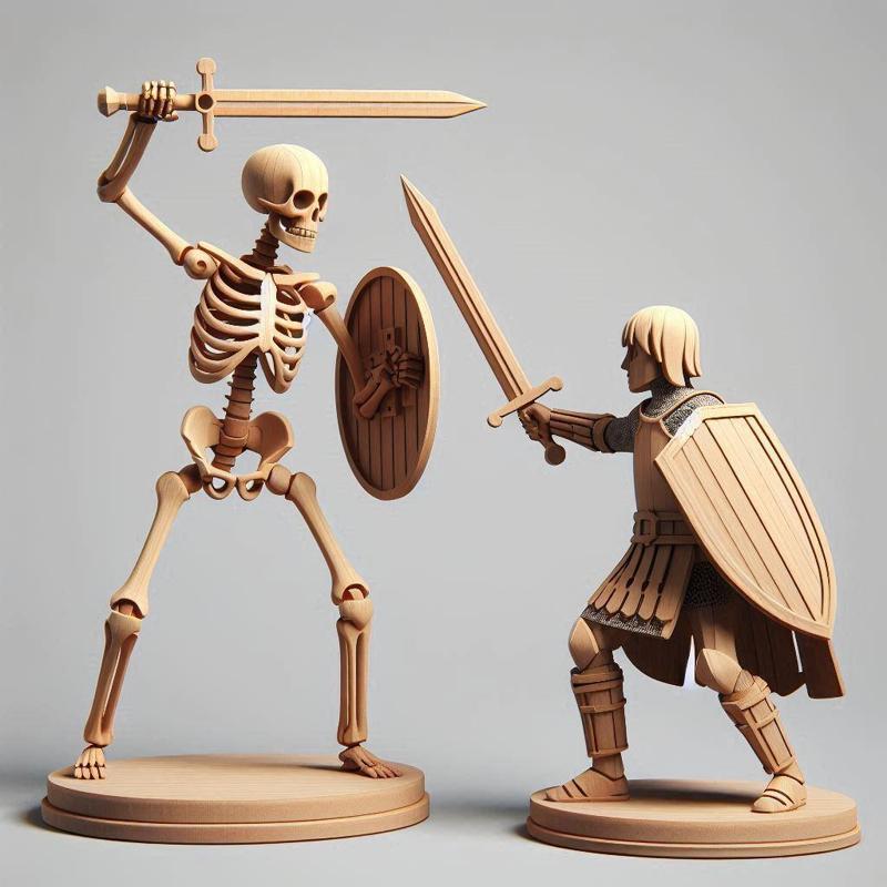 Duel of Skeleton and Warrior - 3D-Printed Wooden Statues