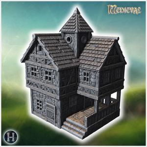 Large medieval building with a tower, stone walls, and timber framework with detailed roof tiles (27) - Medieval Gothic Feudal Old Archaic Saga 28mm 15mm RPG