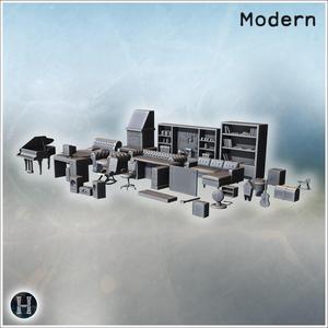 Collection of various furniture pieces including sofas, desks, bookshelves, and musical instruments (1) - Modern WW2 WW1 World War Diaroma Wargaming RPG Mini Hobby