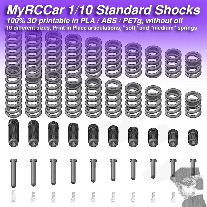 MyRCCar 100% 3D Printable 1/10 RC Car Standard Shocks without oil, including springs, from 55mm to 100mm