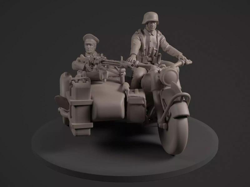 German motorcycle and soldiers
