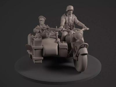 German motorcycle and soldiers