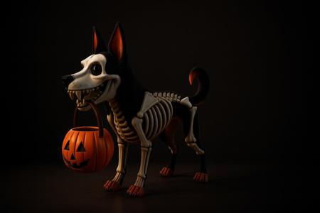Halloween Skeleton Dog with Pumpkin Bucket | Spooky Figurine | Halloween Decor
