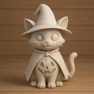 Cat Wearing Witch Hat and Cape 3D Print STL