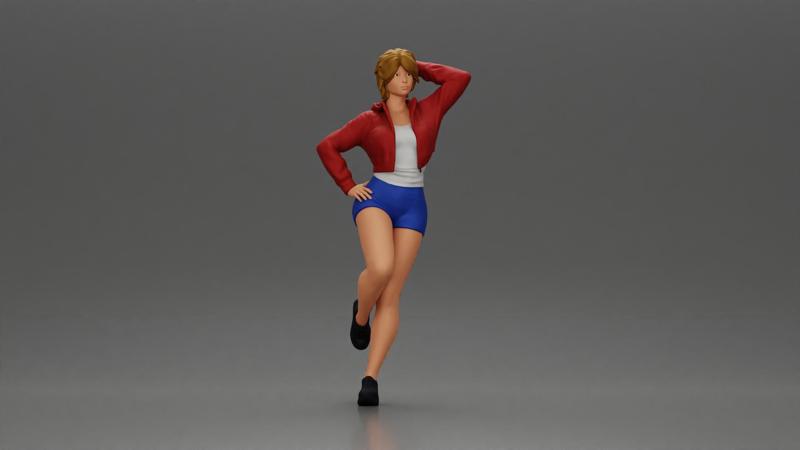 Sexy girl with short hair in mini jacket and shorts leaning on a car