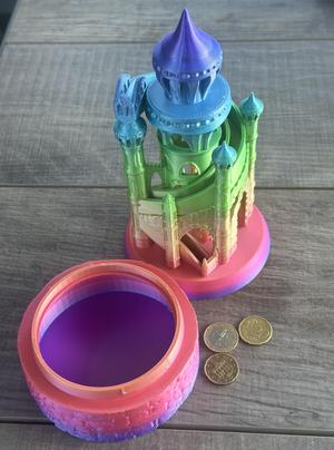 Mystical Fantasy Tower piggy bank with slide for coins
