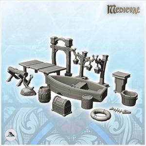 Fish shop accessory set with boat and exterior lights (3) - Medieval Gothic Feudal Old Archaic Saga 28mm 15mm