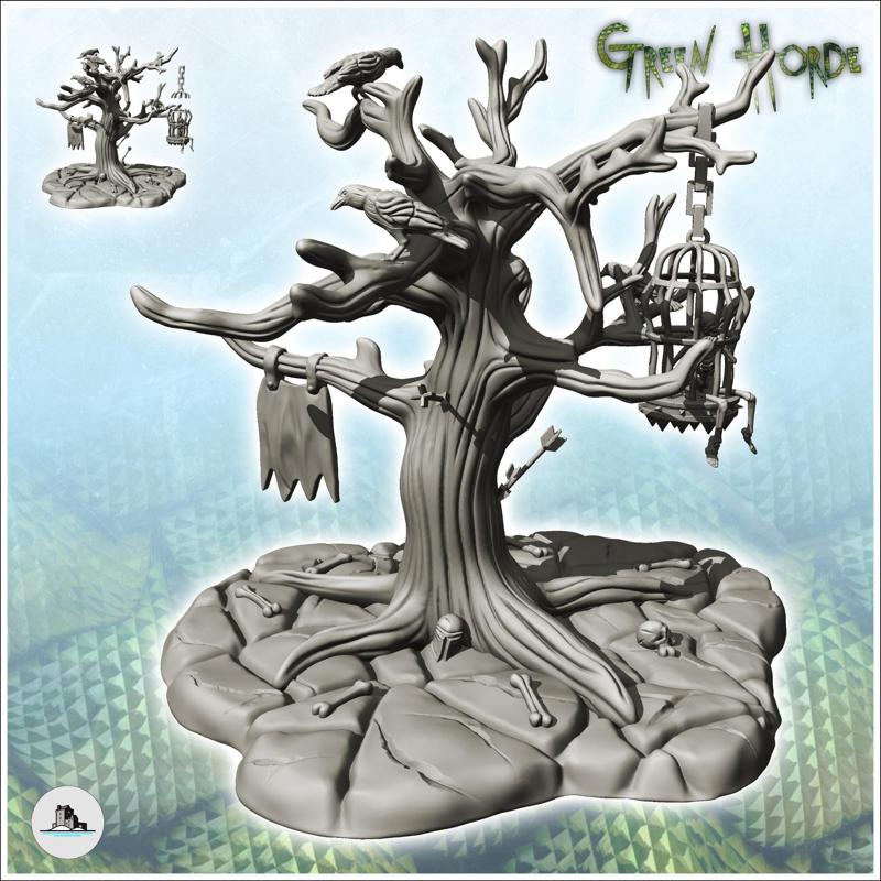 Evil tree with flags and skeleton in metal cage (12) - Ork Green Horde Fantasy Beast Chaos Demon Ogre