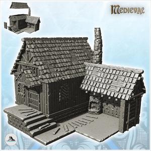 Blacksmith's building with forge under canopy and stairway to the entrance (13) - Medieval Gothic Feudal Old Archaic Saga 28mm 15mm