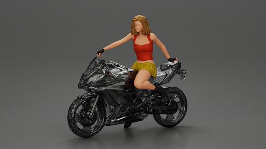 Sexy girl with short hair rides a motorbike in mini skirt
