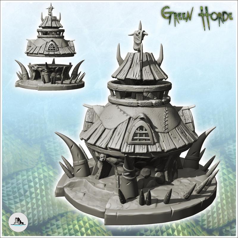 Orc round house with wooden roof and horn decorations (3) - Ork Green Horde Fantasy Beast Chaos Demon Ogre