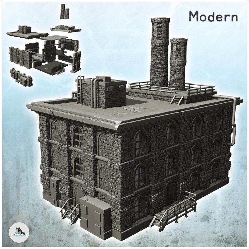 Large modern brick industrial factory with flat roof with double chimney and access stairs (28) - Modern WW2 WW1 World War Diaroma Wargaming RPG Mini Hobby