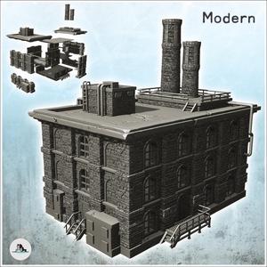 Large modern brick industrial factory with flat roof with double chimney and access stairs (28) - Modern WW2 WW1 World War Diaroma Wargaming RPG Mini Hobby