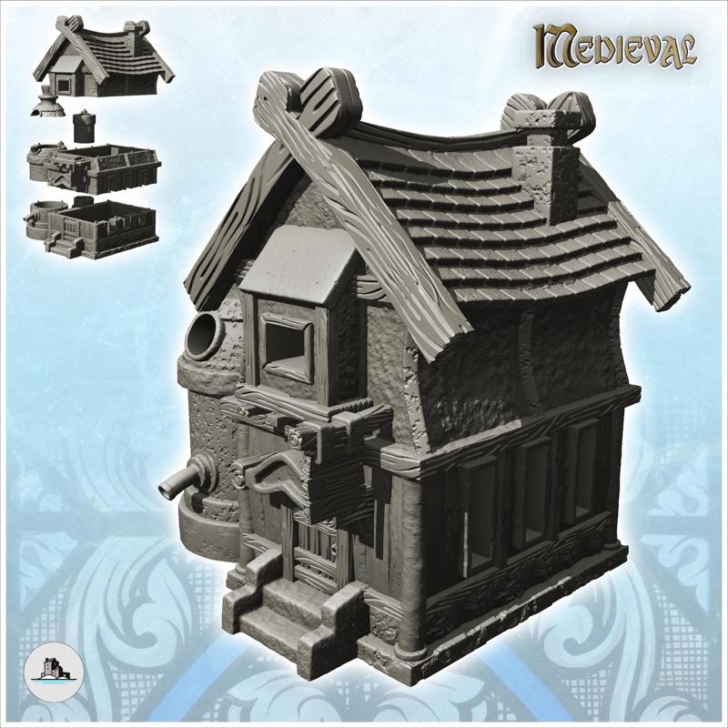 Medieval alchemist's workshop with annexed cistern and alcove window (10) - Medieval Fantasy Magic Feudal Old Archaic Saga 28mm 15mm