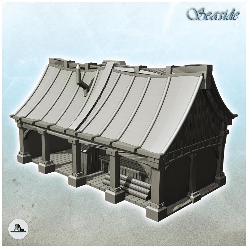 Medieval wooden warehouse with square columns with loading of wood (22) - Pirate Jungle Island Beach Piracy Caribbean Medieval Skull Renaissance