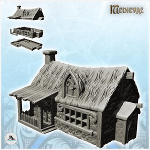 Medieval straw-roofed inn with awning and side door (22) - Medieval Feudal Old Archaic Saga 28mm 15mm