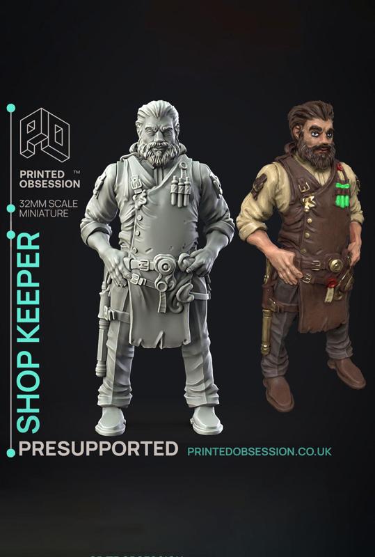Shop Keeper  - Side Quest Shop - PRESUPPORTED - Illustrated and Stats - 32mm scale			