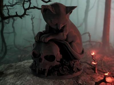 Sleeping Cat on Vampire Skull – A Dark Reverie