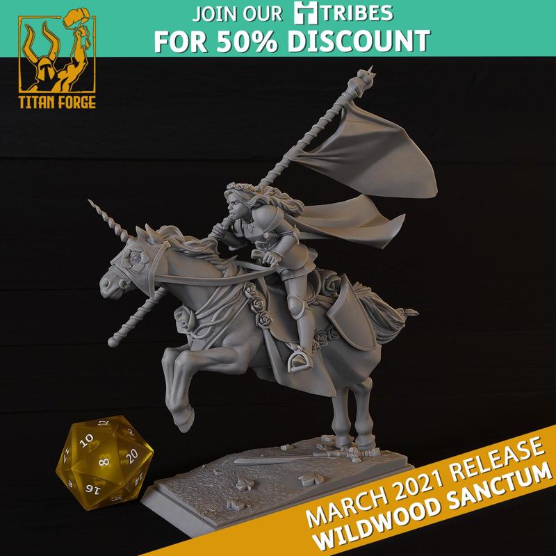 Kathrina Bright Mounted - Wildwood Sanctum - Titan Forge Miniatures March 2021