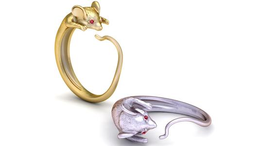 Golden Mouse Ring with Ruby Eyes