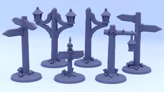 Fantasy - Medieval road signs and lampposts