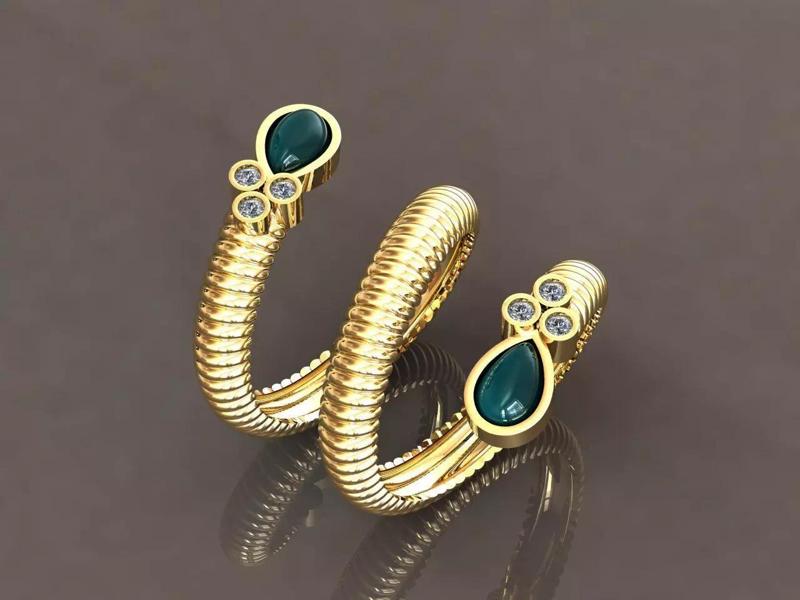 Three-row woven Ring with Pear cabochon Stone and Round Stones
