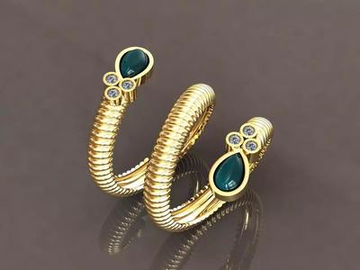 Three-row woven Ring with Pear cabochon Stone and Round Stones