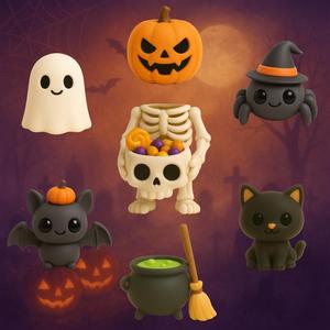 Cute Halloween – 7-Figure STL Bundle (Bat, Black Cat, Witch Cauldron, Sheet Ghost, Jack-o’-lantern, Headless Skeleton, Witch Hat Spider)