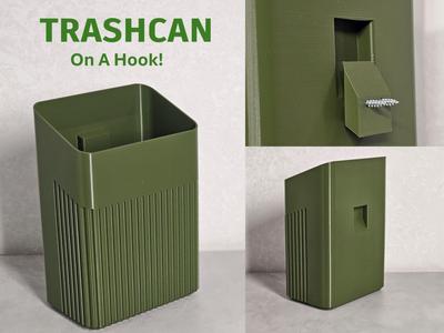 A trashcan with a wall mount hook