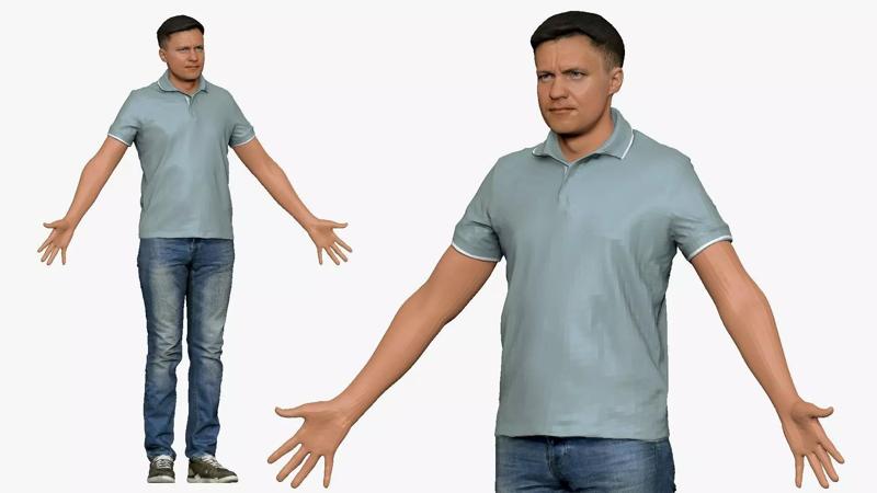 001290 man in blue jeans white bluish polo A pose 3dp