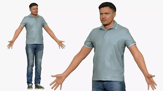 001290 man in blue jeans white bluish polo A pose 3dp