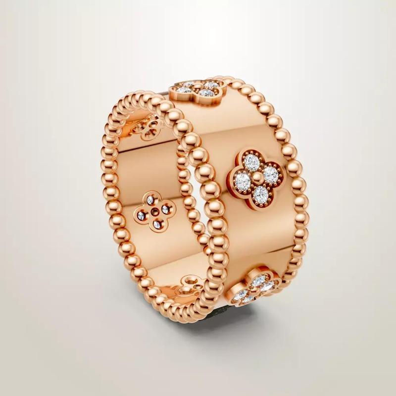 Van Cleef Arpels Rose Gold Diamond Small Perlee Clovers Ring