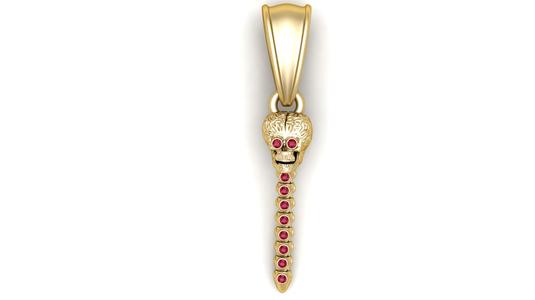 Gold Skull Spine Pendant with Red Gemstone Accents – 3D Printable Jewelry