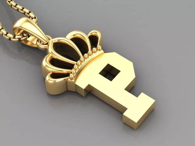 P Crown Letter Initial Pendant in 10kt Yellow Gold Cad Design