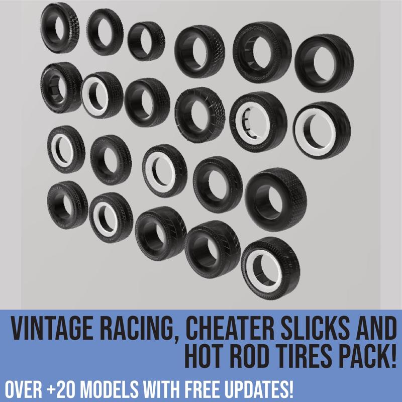 Pack of vintage racing, cheater slicks and hot rod tires for scale autos and dioramas! Scalable models