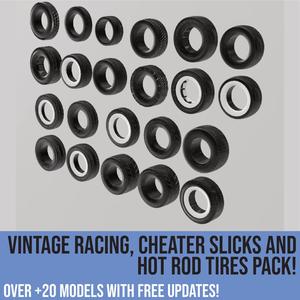 Pack of vintage racing, cheater slicks and hot rod tires for scale autos and dioramas! Scalable models