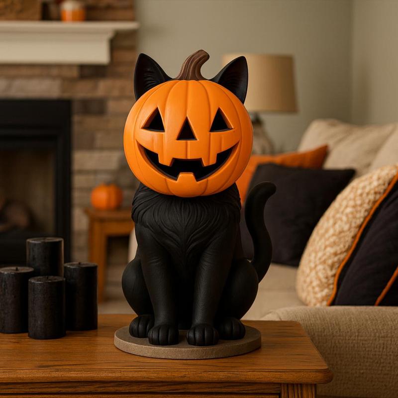 Halloween Black Cat with Pumpkin Head Statue | Cute Spooky 3D Print Decoration Spooky Cute Jack O’Lantern Cat Figurine | 3D Printable Halloween Decoration