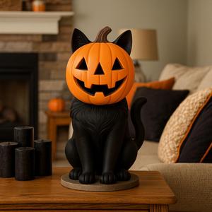 Halloween Black Cat with Pumpkin Head Statue | Cute Spooky 3D Print Decoration Spooky Cute Jack O’Lantern Cat Figurine | 3D Printable Halloween Decoration