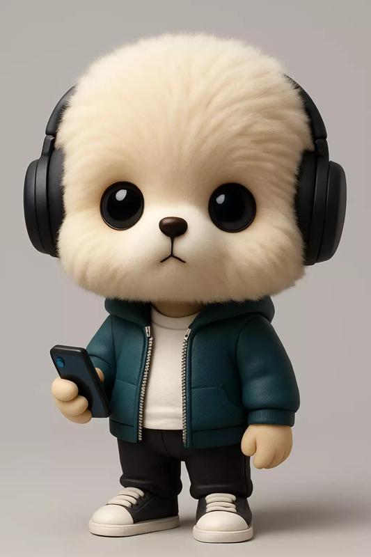 3D Cartoon Cute Fluffy Dog Wearing Headphones