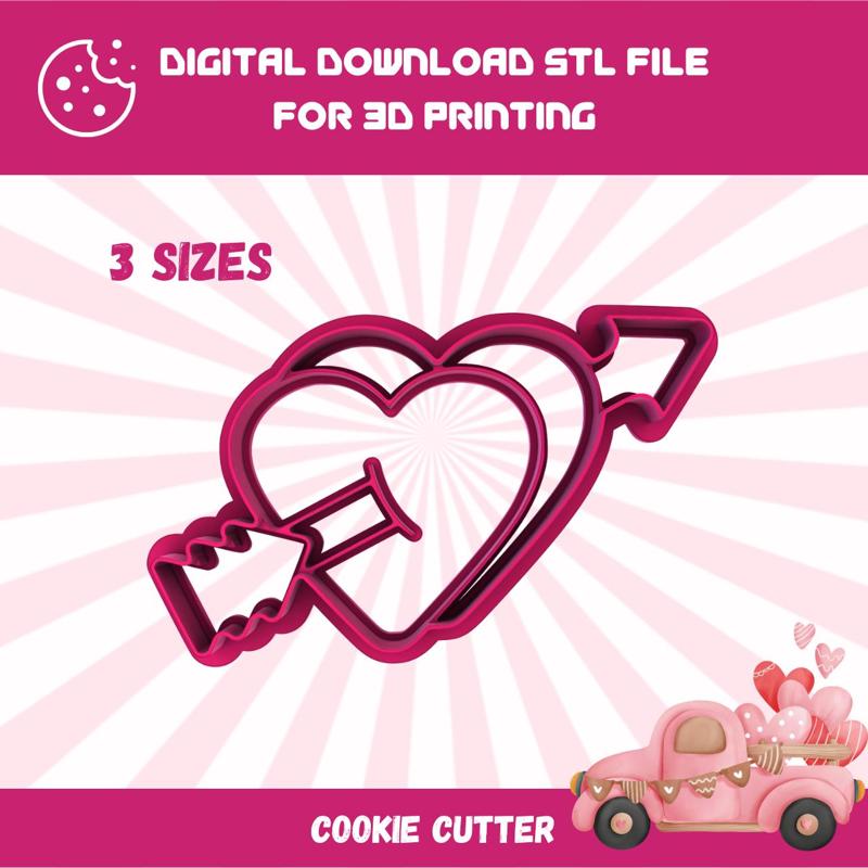 Cutty clay stl heart with arrow valentine cookie cutter, 3 sizes stl file for 3d printing